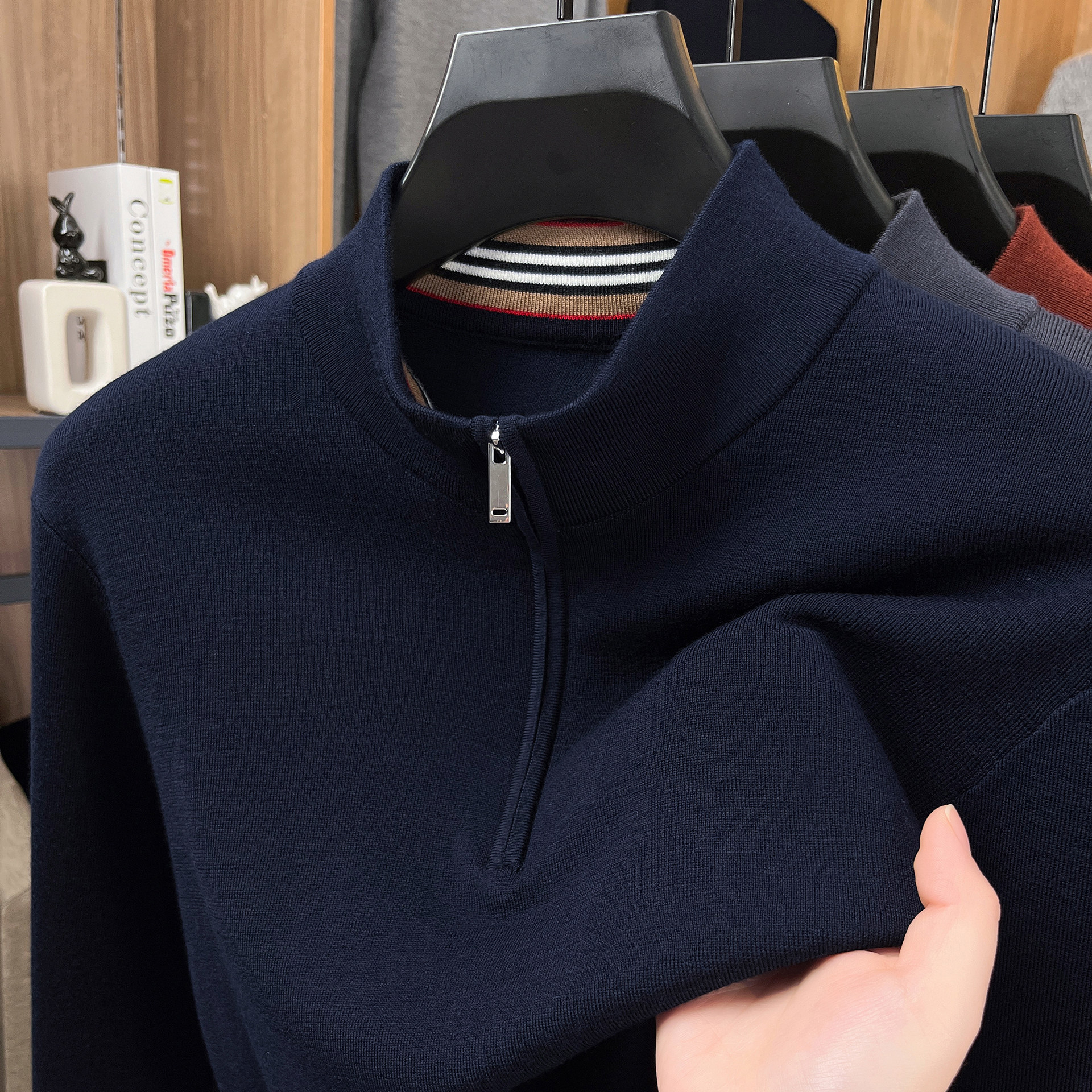 精纺抗起球【100%美丽诺羊毛+中厚款】可机洗拉链半高领羊毛衫男