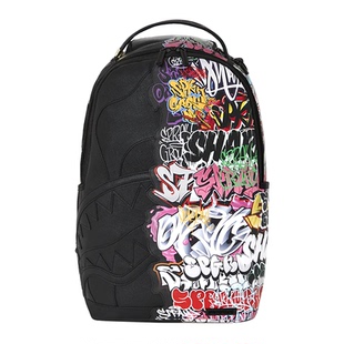SGR潮牌双肩包黑色涂鸦拼接鲨鱼嘴背包高中学生书包男女电脑背包
