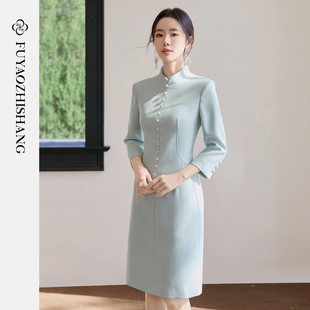 FUYAO扶摇直上 中式风立领连衣裙女修身水绿色醋酸旗袍裙优雅裙子