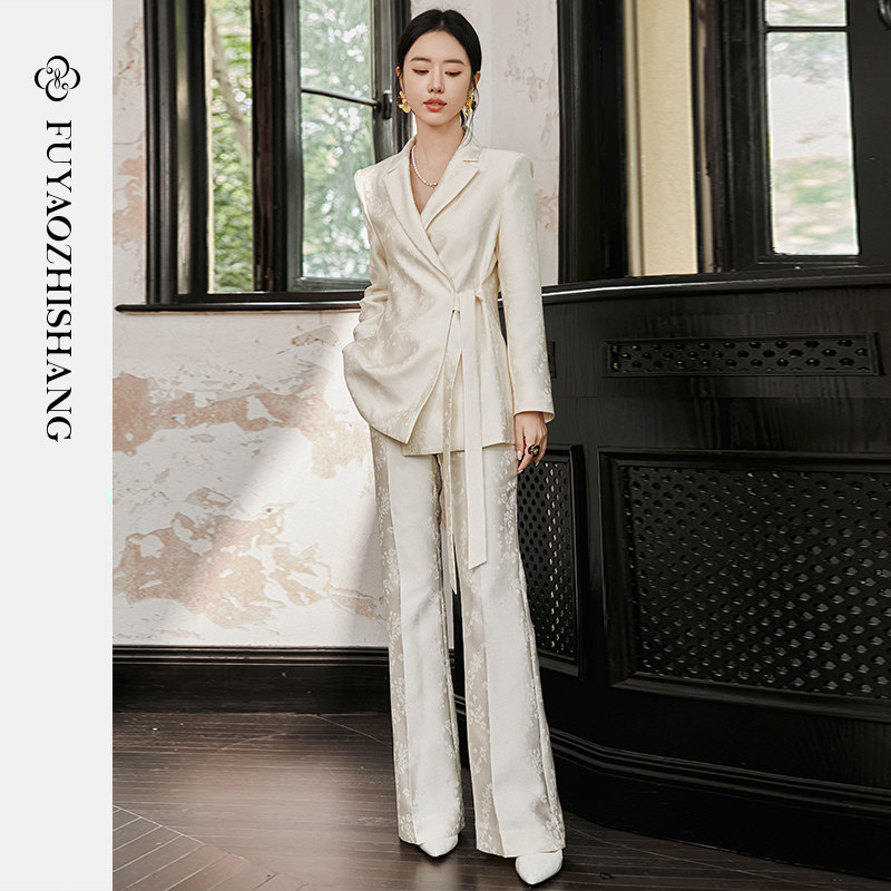 FUYAO扶摇 新中式西装外套女秋季新款斜纹浮雕提花绑带西服两件套,女装/女士精品,时尚套装,淘宝优惠券,粉丝福利购,淘宝优惠卷