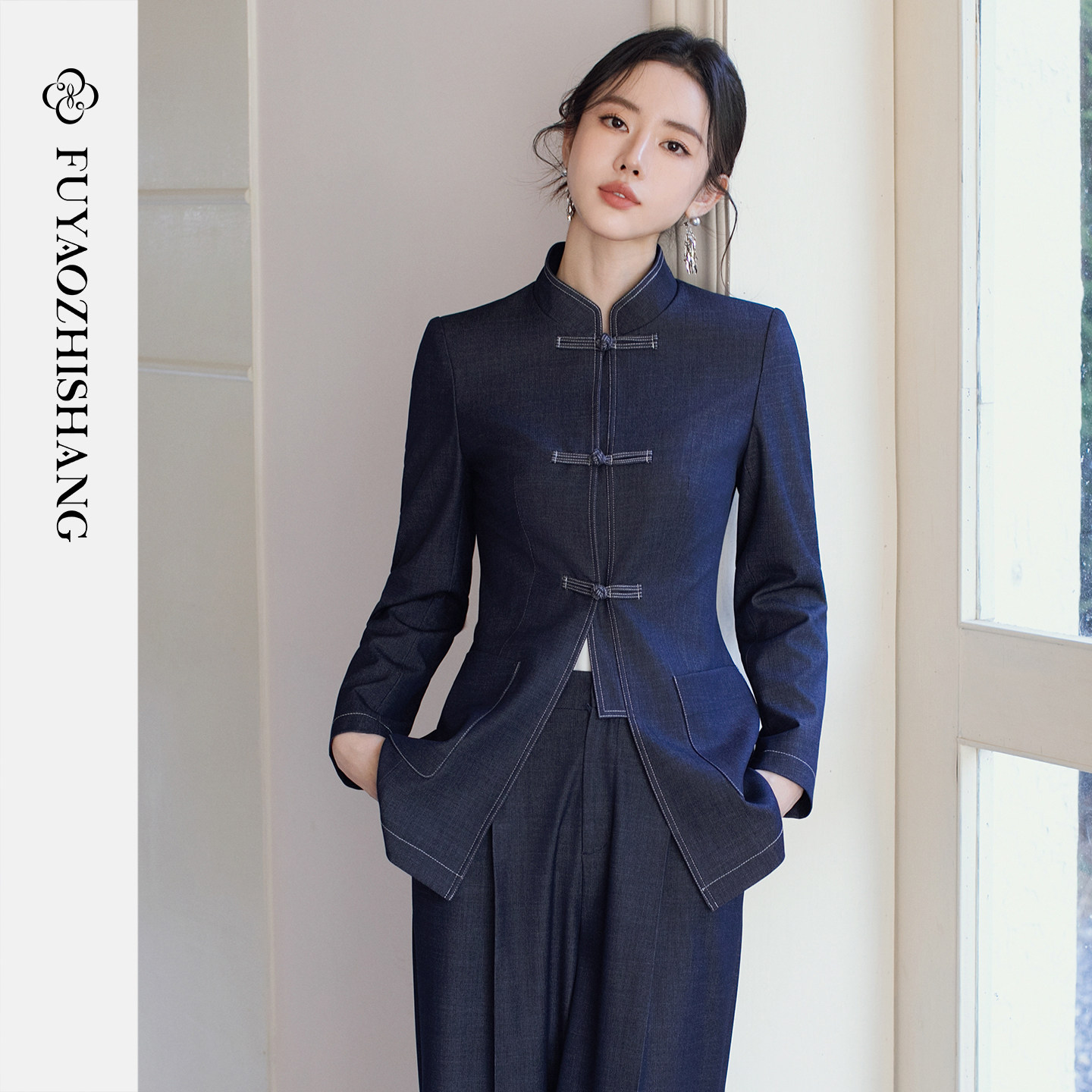 FUYAO扶摇直上 复古设计师牛仔蓝西装套装女新中式立领盘扣老钱风,女装/女士精品,时尚套装,淘宝优惠券,粉丝福利购,淘宝优惠卷