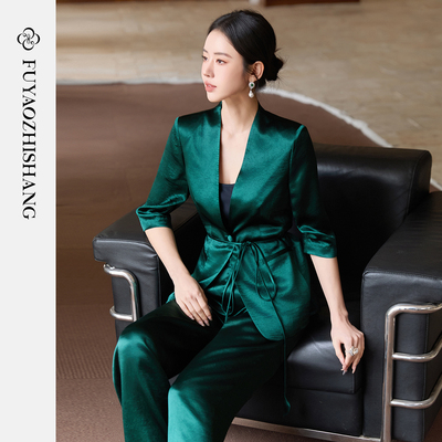 扶摇直上墨绿西装外套女七分袖