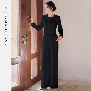 FUYAO扶摇直上 【高定立裁】黑色西装套装女春季圆领短外套两件套