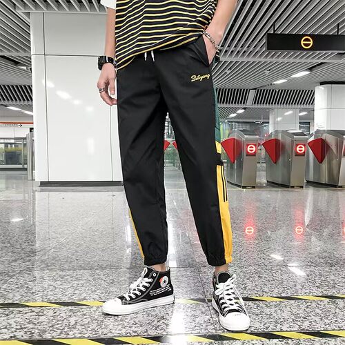 【精品】满68包邮◆2026夏季青少年港风潮流拼接撞色刺绣休闲裤