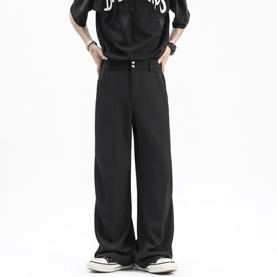 【精品】满68包邮◆2026春夏男港风垂直感冰丝褶皱设计直筒拖地裤