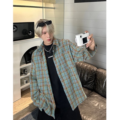 【精品】满68包邮◆2026春夏青少年港风潮流薄款拼接格子长袖衬衫