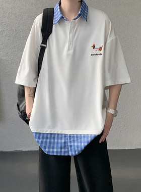 【精品】满68包邮◆2026夏季青少年港风假两件短袖刺绣腊肠狗T恤