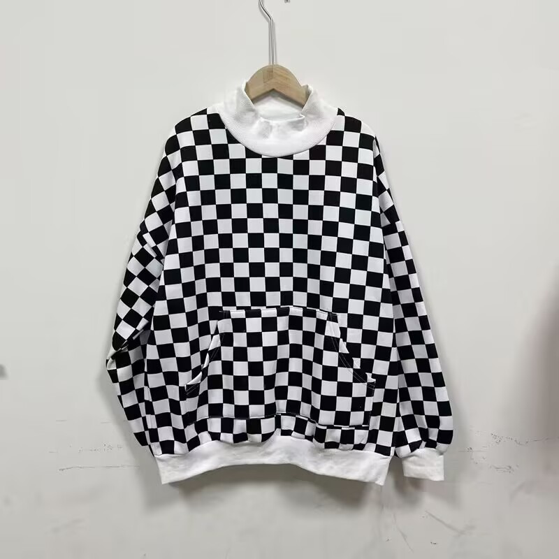 【精品】满68包邮◆2025秋冬青少年港风潮流棋盘格加绒休闲卫衣