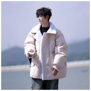 精品 男款 满68 2025冬季 港风潮流撞色羊羔毛拼接休闲棉衣 包邮