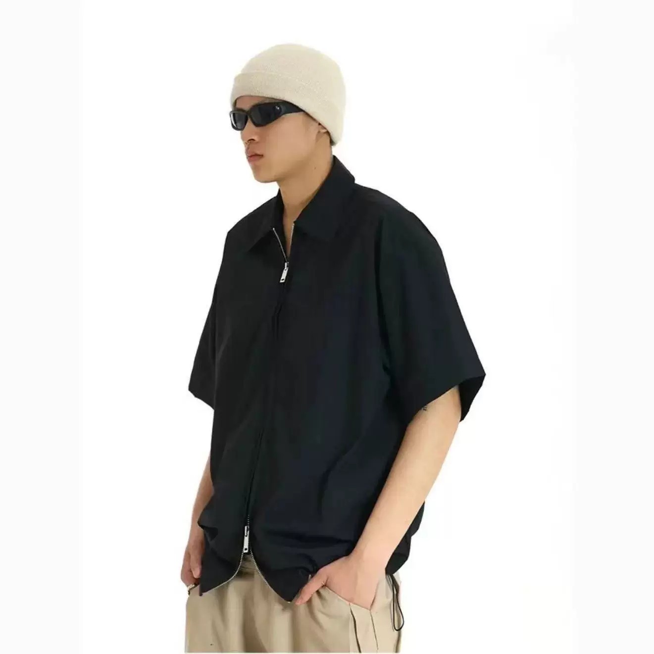 【精品】满68包邮◆港风短袖夏季男宽松休闲衬衣抽绳双向拉链衬衫图片