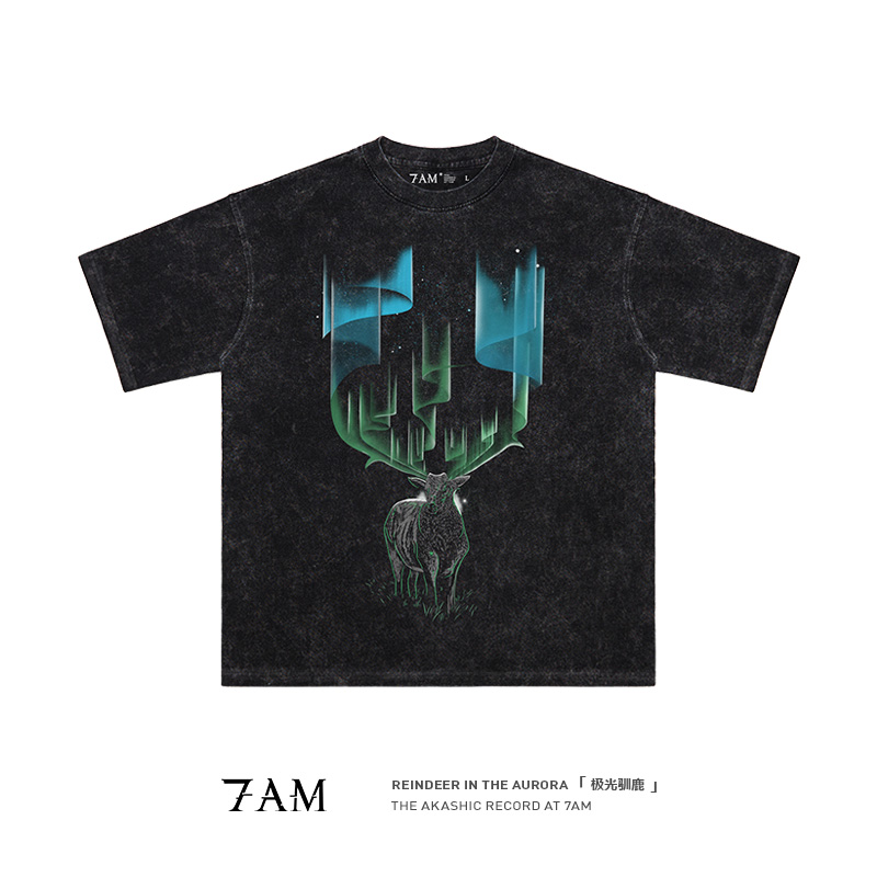 7AM-极光驯鹿人与自然小众审美水洗做旧纯棉宽松ins短袖T恤潮流