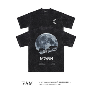 T恤小众神秘主义 ins纯棉短袖 7AM 月球外星文明监视器水洗做旧美式