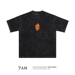 7AM T恤ins纯棉宽松 侏罗纪公园琥珀DNA水洗做旧小众极简短袖