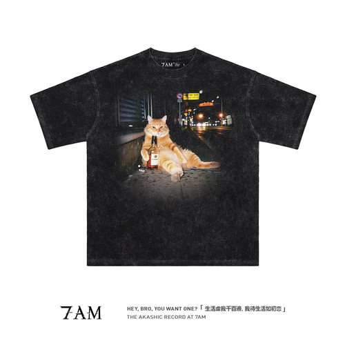 7AM-宿醉猫猫生活哲学水洗做旧美式重磅复古纯棉短袖T恤ins爆款