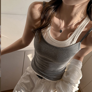 嘉言 纯棉假两件设计感夏季薄款打底吊带背心女显瘦无袖外穿上衣