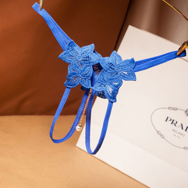 内裤女性感开档珍珠吊坠低腰花朵透明女士三角裤丁字裤细带显瘦无