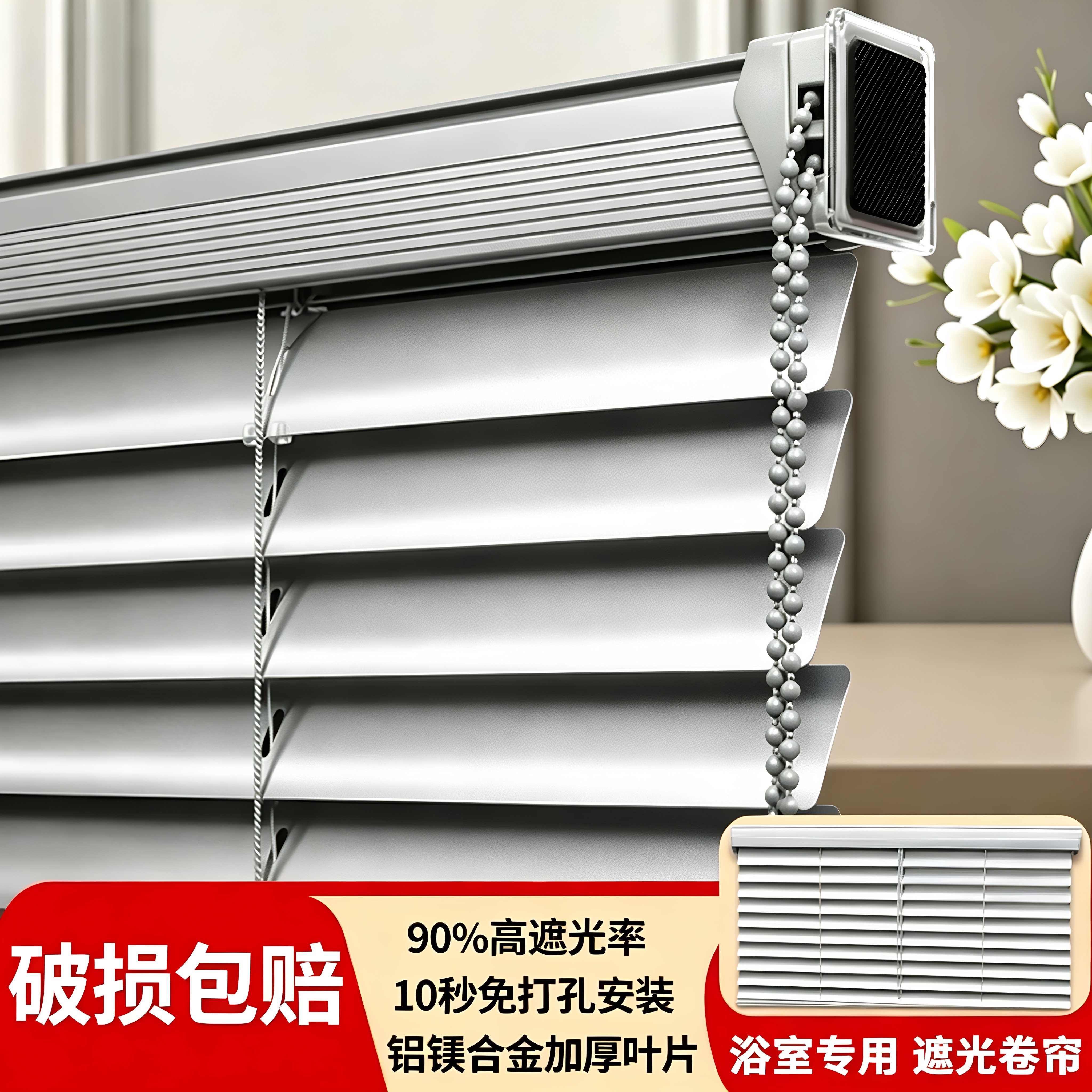 卫生间遮光百叶窗帘免打孔安装厨房窗户专用防晒隔热升降折叠卷帘