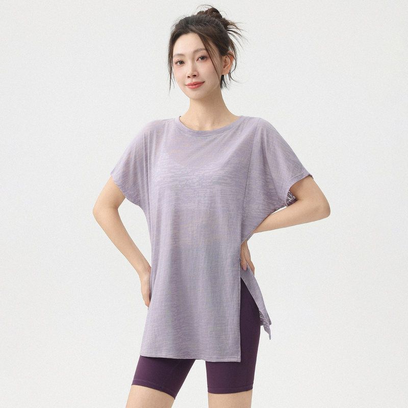 瑜伽服上衣女短袖宽松休闲开叉透气运动罩衫遮屁股训练健身T恤夏