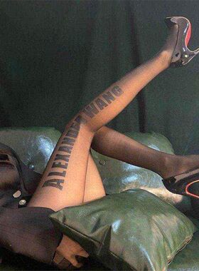 黑色字母丝袜A英文ins潮袜子女春夏黑丝印花网红性感防勾丝连裤袜