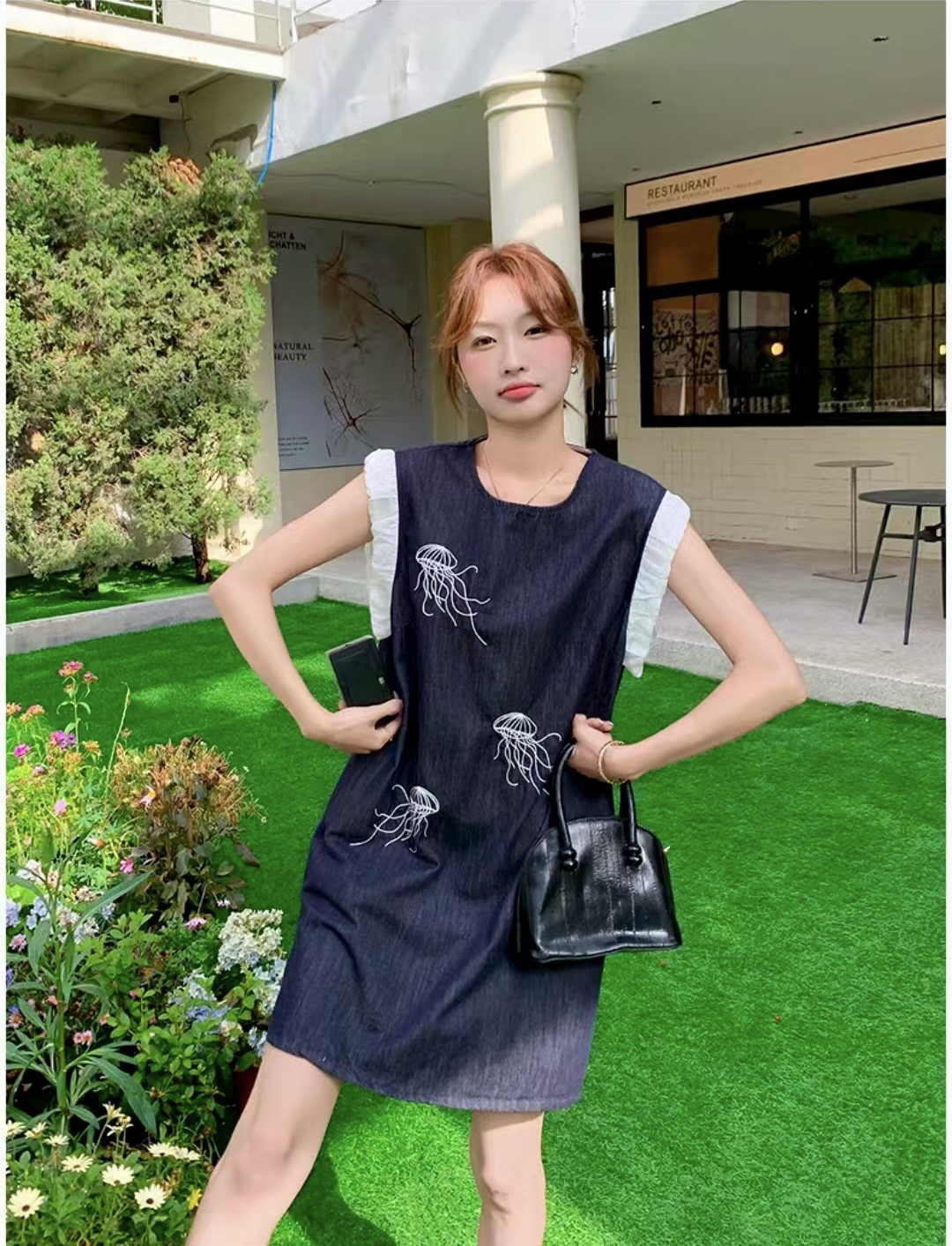LINGLAOB法式刺绣牛仔连连身衣/爬服/哈衣