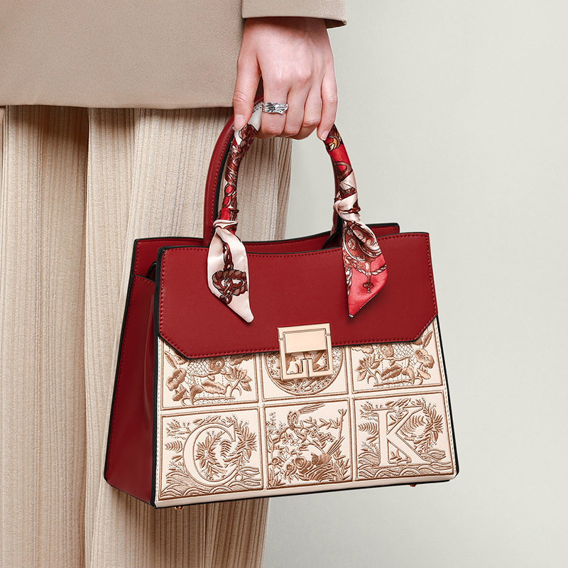 Viney真皮包包女2025新款百搭单肩包红色手提妈妈包高级感结婚包