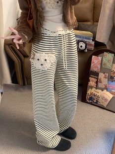 新秋冬长裤加绒加厚慵懒风条纹阔腿裤女小狗高腰显瘦休闲裤直筒裤