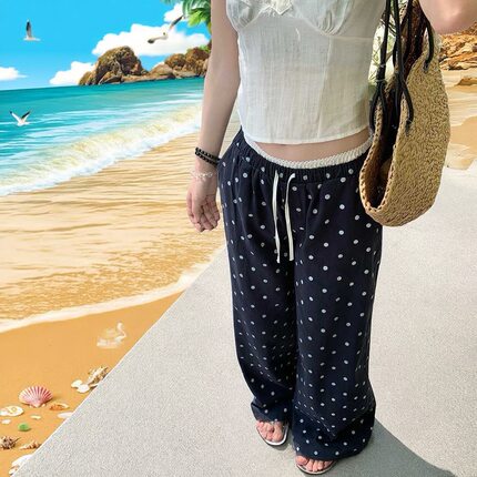 小性感撞色双腰头长裤波点印花女宽松显瘦百搭直筒阔腿长裤子夏季