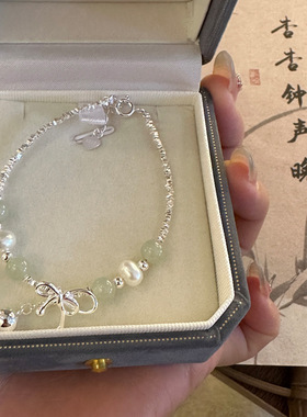 纯银手链 新款简约925和田玉真珍珠盘缠碎银子银手链调节银手饰