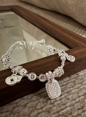 纯银手链 新款纯银925黄财神碎银盘缠银手串调节银手饰送闺蜜