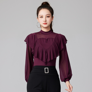 拉丁舞服装长袖秋季新款摩登舞上衣交谊舞广场舞跳舞衣服练功服女