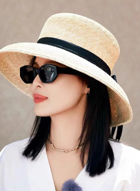 Earthtone“繁花”特细麦秆!花少辛芷蕾草帽度假超大帽檐法式赫本