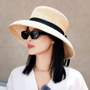 Earthtone“繁花”特细麦秆!花少辛芷蕾草帽度假超大帽檐法式赫本