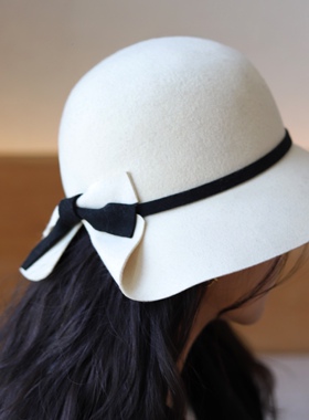 Earthtone“山茶”千金法式复古赫本白色羊毛呢毡渔夫帽盆帽礼帽