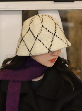 Earthtone“寓言”100%羊毛复古菱格纹格子渔夫帽贝雷帽
