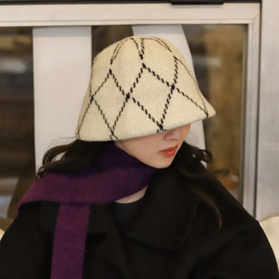 Earthtone“寓言”100%羊毛复古菱格纹格子渔夫帽贝雷帽
