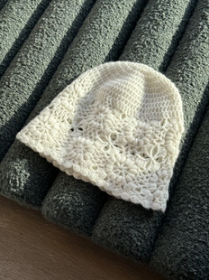 EARTHTONE“花雪”35羊绒!手工钩花毛线帽女秋冬保暖护耳针织帽