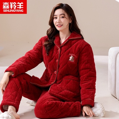 中年女士珊瑚绒夹棉冬天两件套装