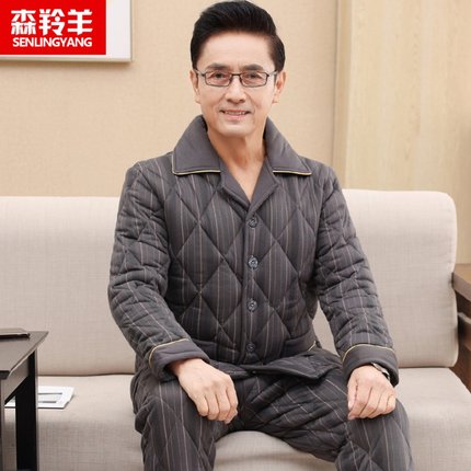 爸爸睡衣男士冬季纯棉加厚三层夹棉袄秋冬天男款保暖加大码家居服