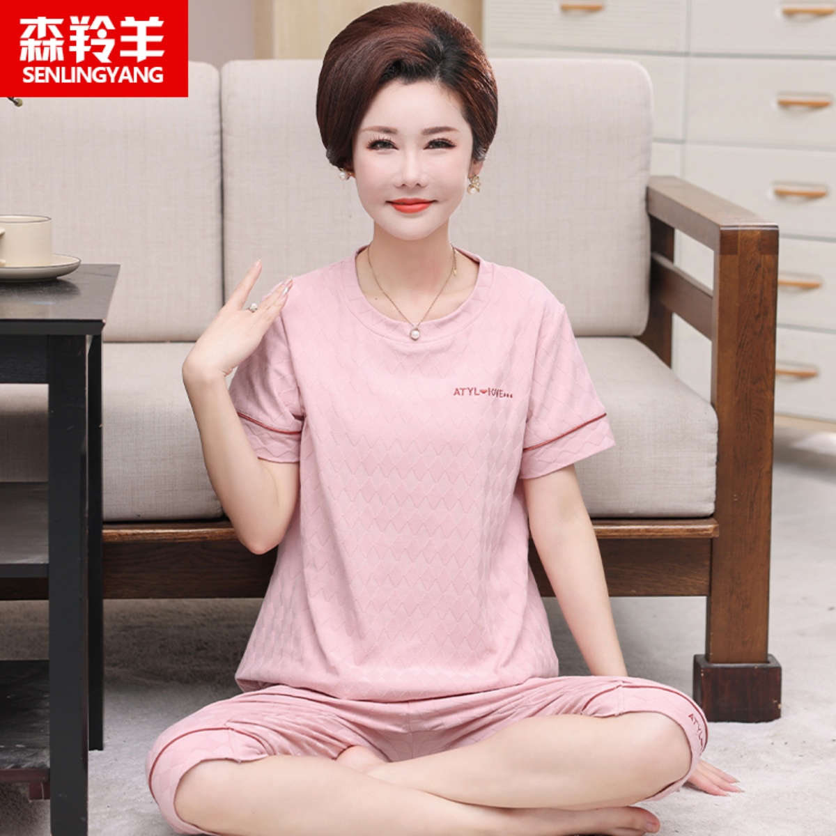 中老年妈妈睡衣女夏季纯棉短袖七分裤薄款夏天家居服两件套装中年
