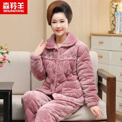 睡衣女冬季加厚加绒珊瑚绒三层夹棉袄法兰绒中老年妈妈家居服套装
