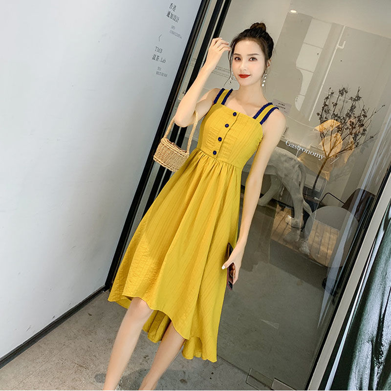 后背绑带黄色连衣裙女2026新款夏网红收腰连衣裙中长款不规裙子潮图片