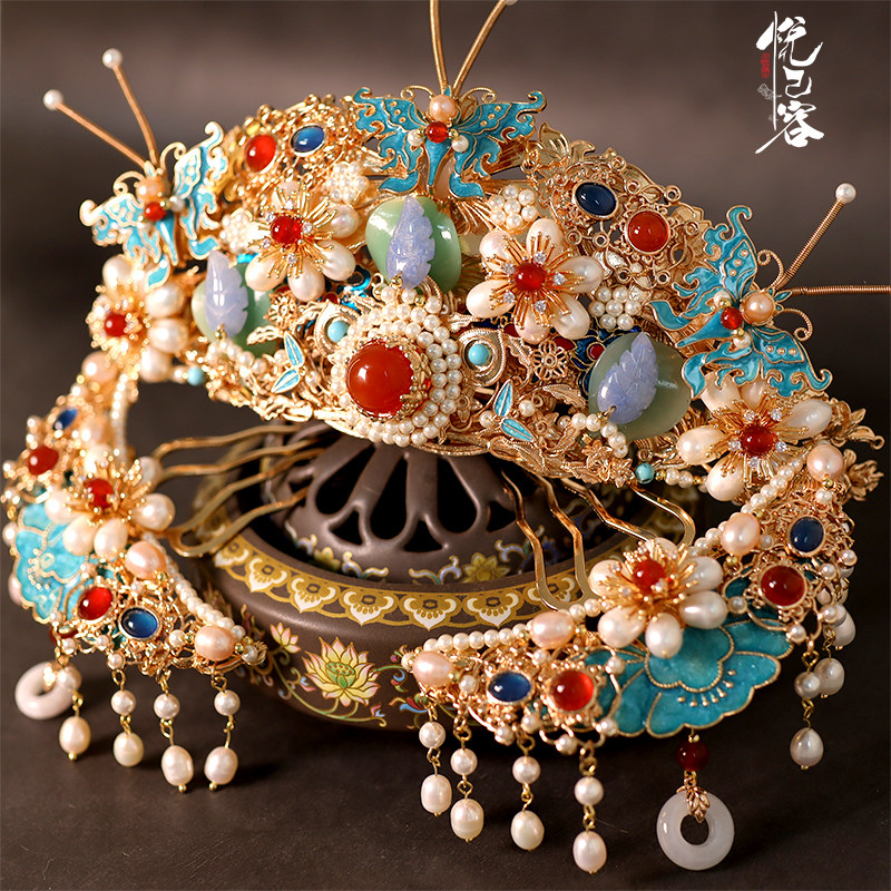 悦己容[花间梦蝶]古风头饰景泰蓝仿点翠明制新娘婚嫁汉服头饰发冠