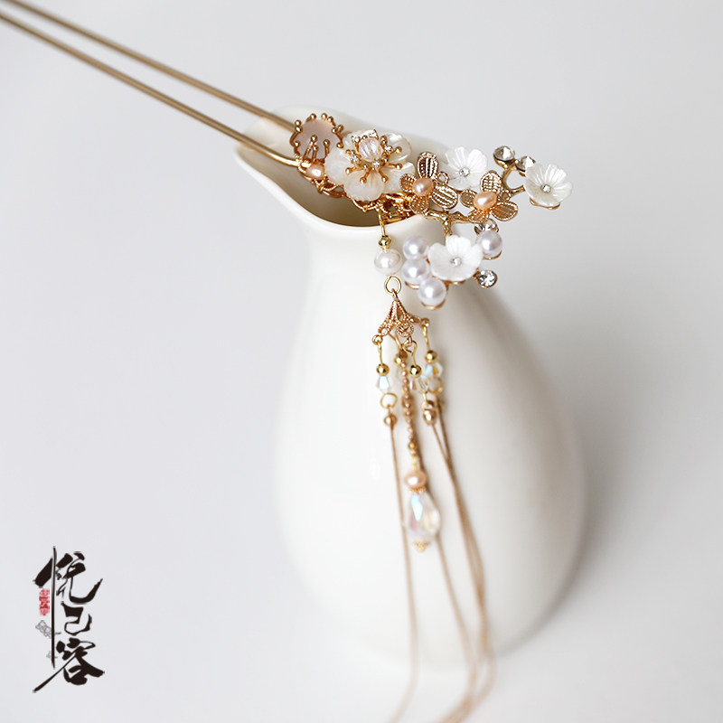 悦己容古典风发饰珍珠水晶仙气造型流苏步摇发簪汉服头饰[雪梅枝]