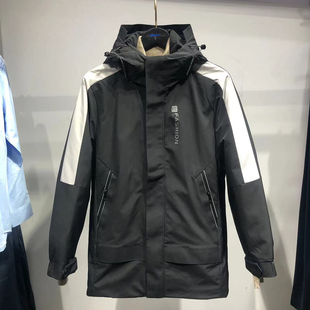 品牌男装(正品大牌)秋冬厚款90%白鸭绒中长款男款外套 黑色羽绒服