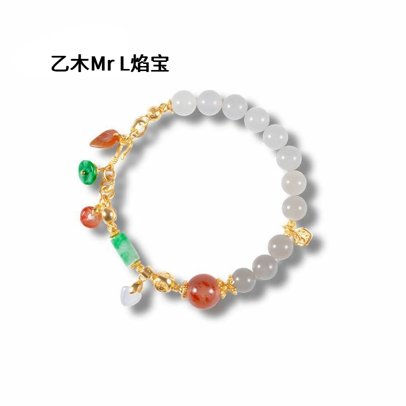 现货天然和田玉烟紫手链女S925银镀18K金冰飘南红8mm圆珠手串工厂