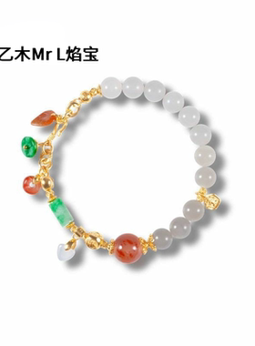 现货天然和田玉烟紫手链女S925银镀18K金冰飘南红8mm圆珠手串工厂