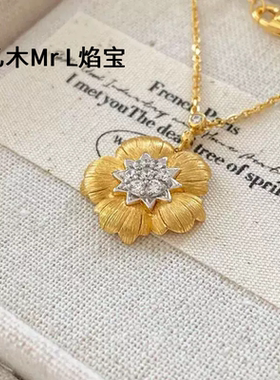 纯银s925布家风拉丝工艺分色电镀富贵花吊坠项链时尚简约2026新款