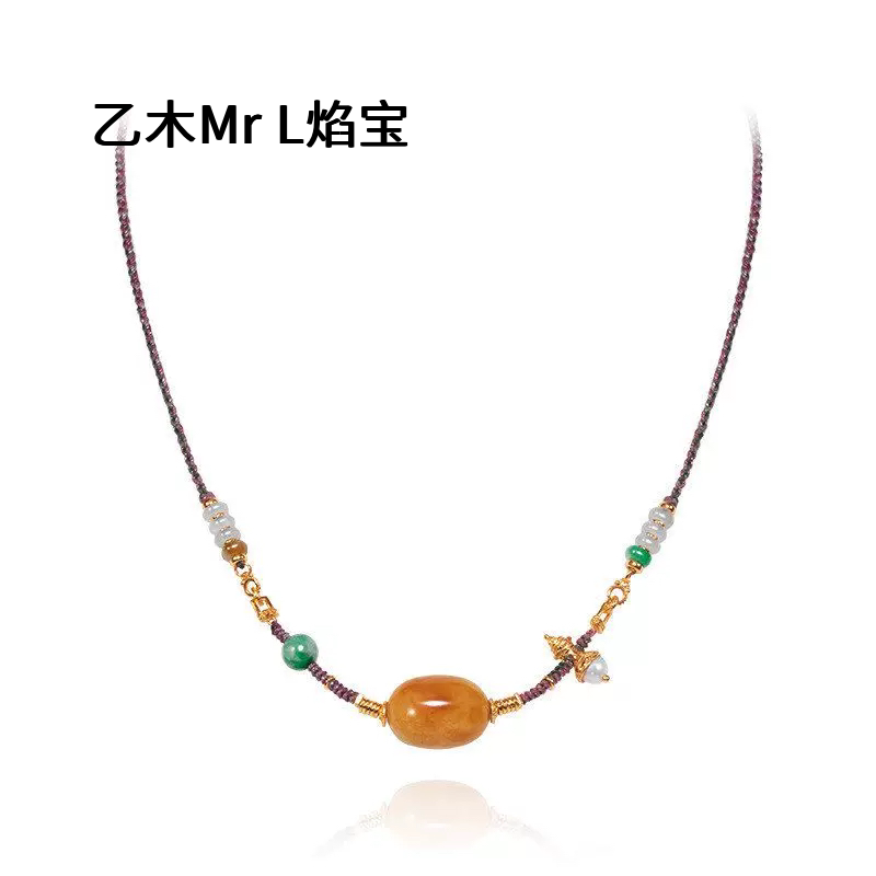 天然俄料老蜜蜡吊坠项链女款银镀金翡翠纯手工编织进口绳2026新款