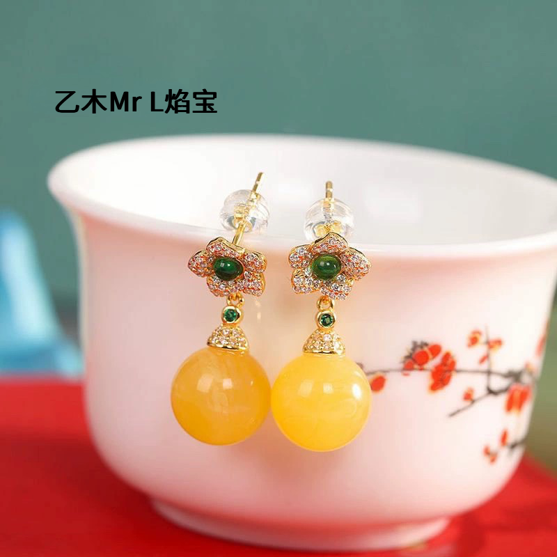 银品 时尚气质耳饰S925银镀金饰品女士蜜蜡耳坠 百搭简约耳环2025