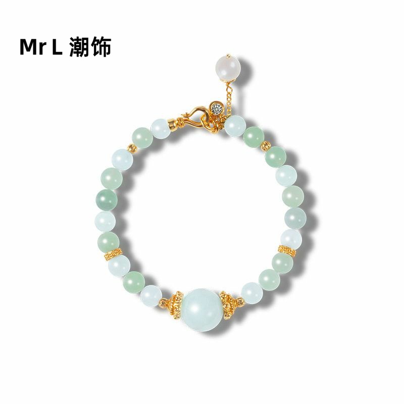 现货天然缅甸A货翡翠手链女款S925银镀18K金珍珠6mm圆珠手串2025